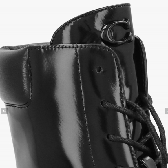 New Coach Leighton NIB Women's Black Lace Up Combat Boots Booties Gloss Leather - Picture 3 of 5